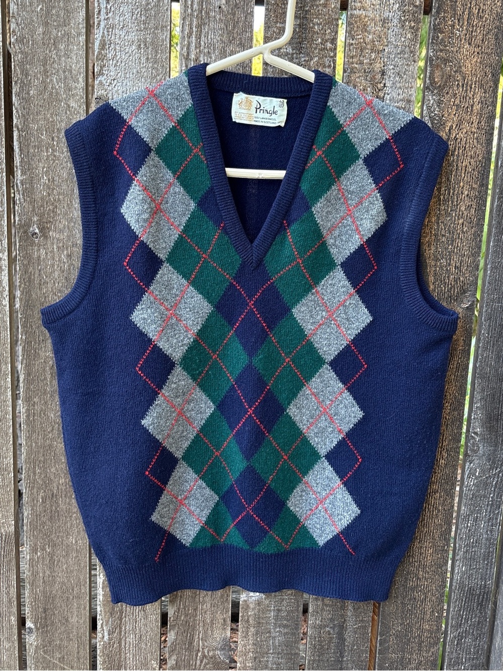 Pringle Of Scotland Vintage 100% Lambswool V-Neck Argyle Sweater Vest Navy/Green